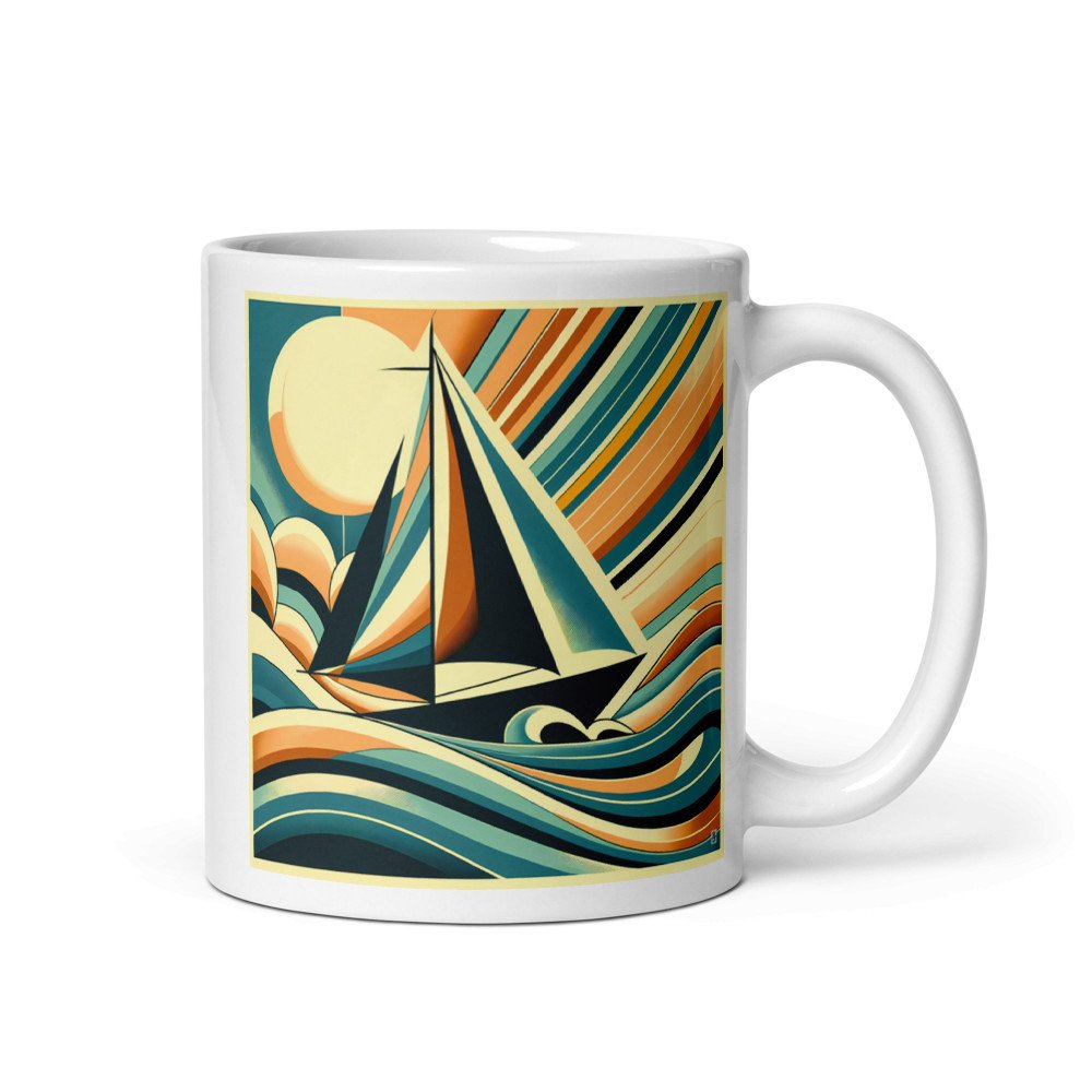 Retro Sailboat with Bold Geometric Waves