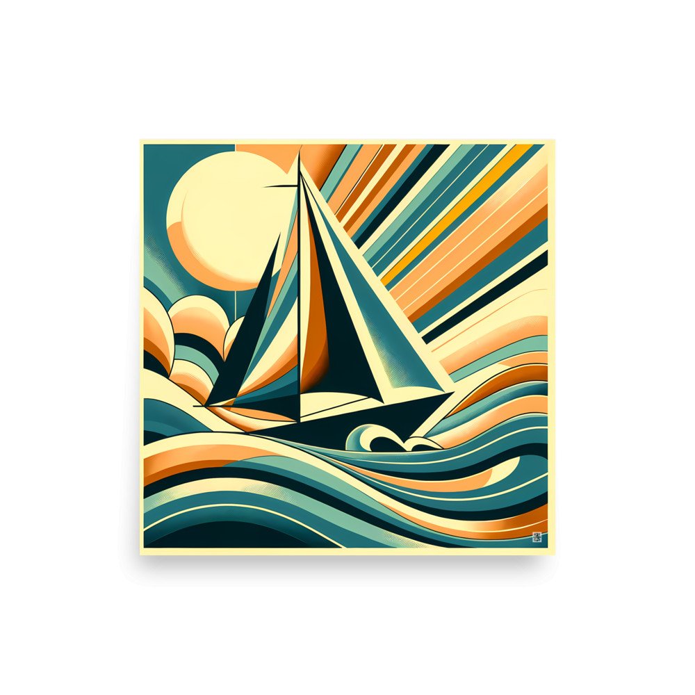 Retro Sailboat with Bold Geometric Waves