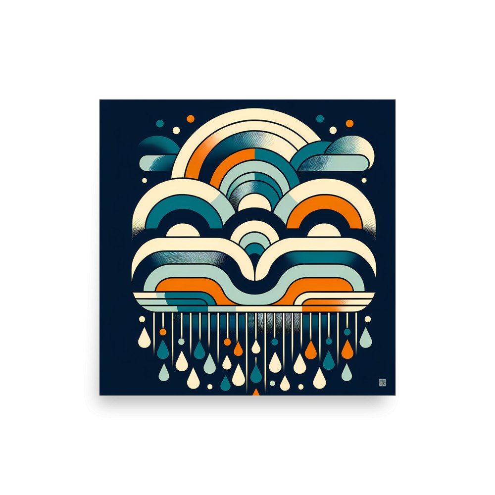 Retro Geometric Rainbow Clouds and Raindrops
