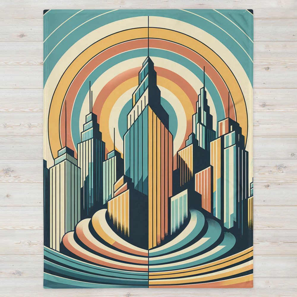 Retro Art Deco City Skyline with Sunburst Rings