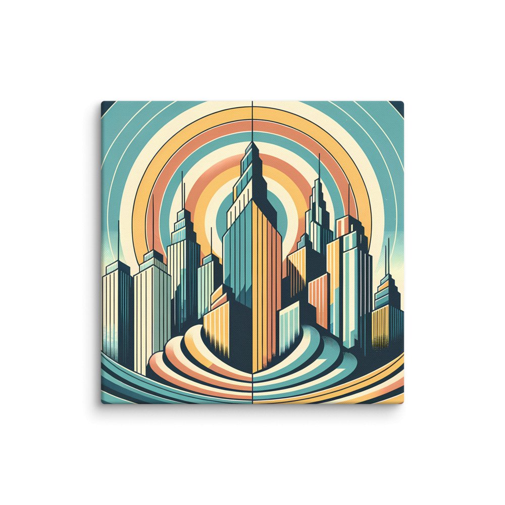 Retro Art Deco City Skyline with Sunburst Rings
