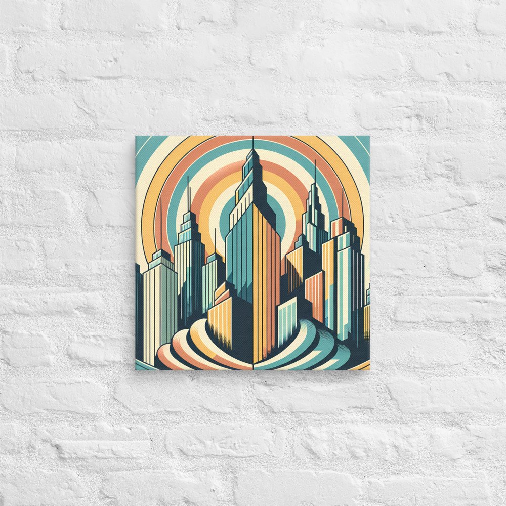 Retro Art Deco City Skyline with Sunburst Rings