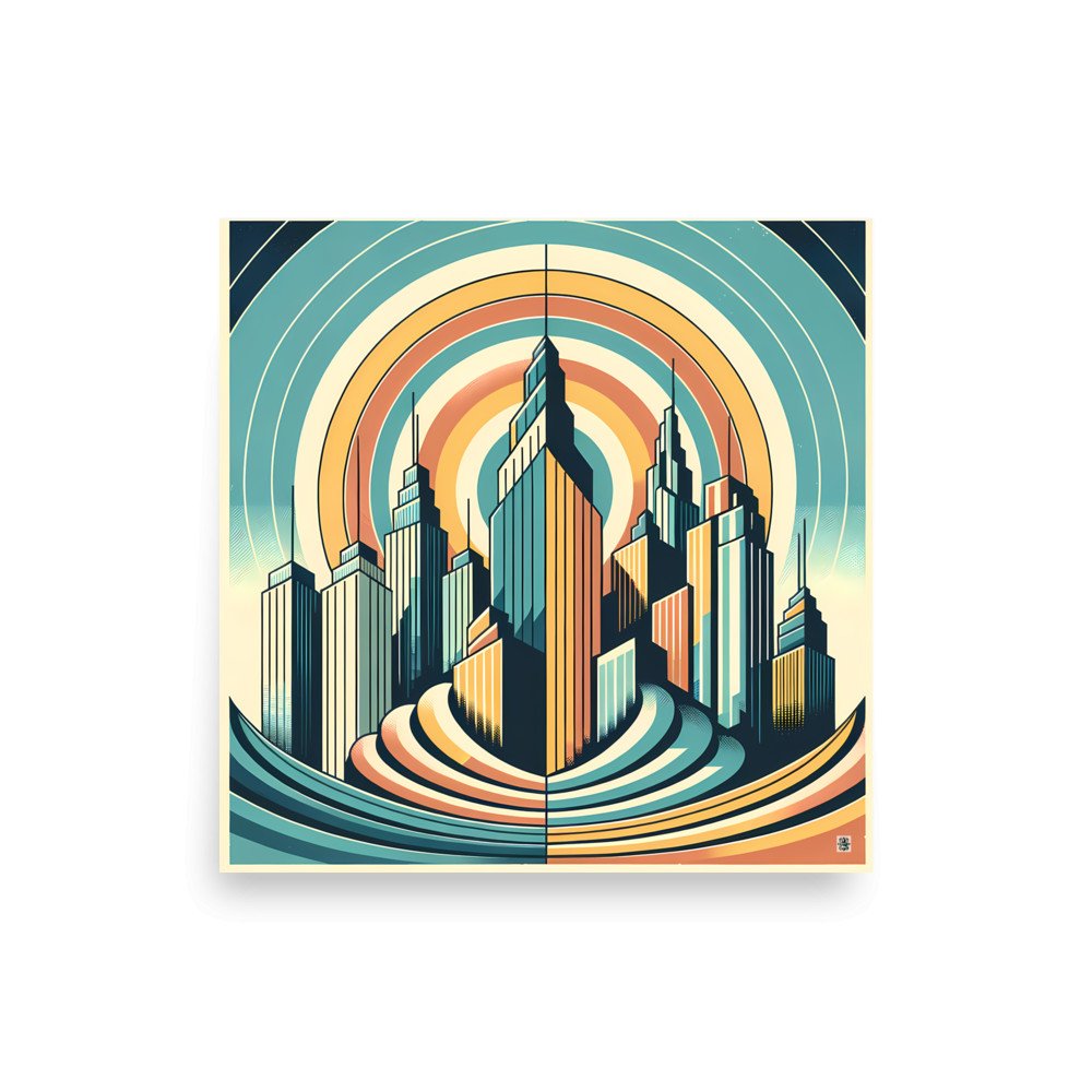 Retro Art Deco City Skyline with Sunburst Rings