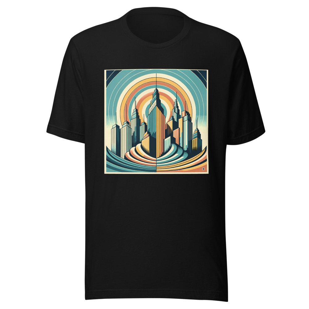 Retro Art Deco City Skyline with Sunburst Rings